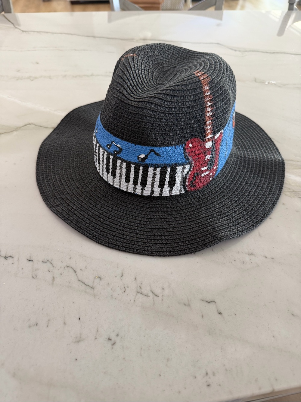 Kids Black Straw Hat with Musical Guitar & Piano Band